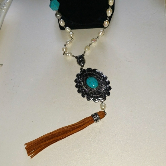 Shyanne Genuine Baroque Pearl Western Silver and Turquoise Necklace - Picture 4 of 7